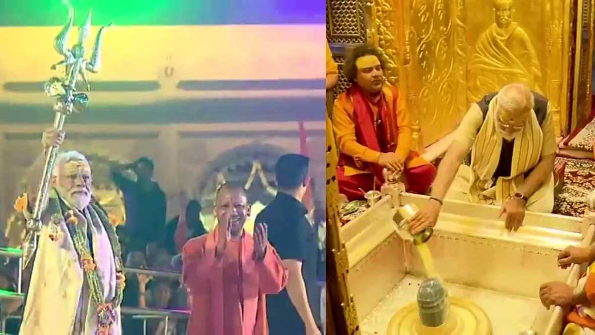 काशी विश्‍वनाथ मंदिर में पूजा-अर्चना कर निकले पीएम मोदी त्रिशूल लिए आए नजर